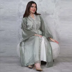 Luxury Dubai Abayas Muslim Sets Satin Jalabiya Eid Djellaba Diamond Turkey Kaftan Islam Clothing Women Evening Dress Caftan Robe