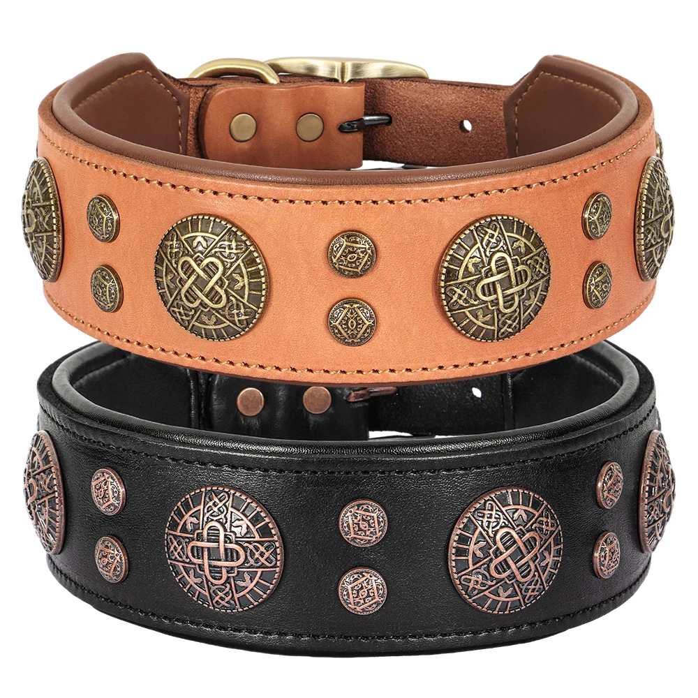 Real Leather Dog Collar Cool Spiked Studded Pet Collars Genuine Leather Medium Large Dogs Collars Necklace Pitbull Bulldog