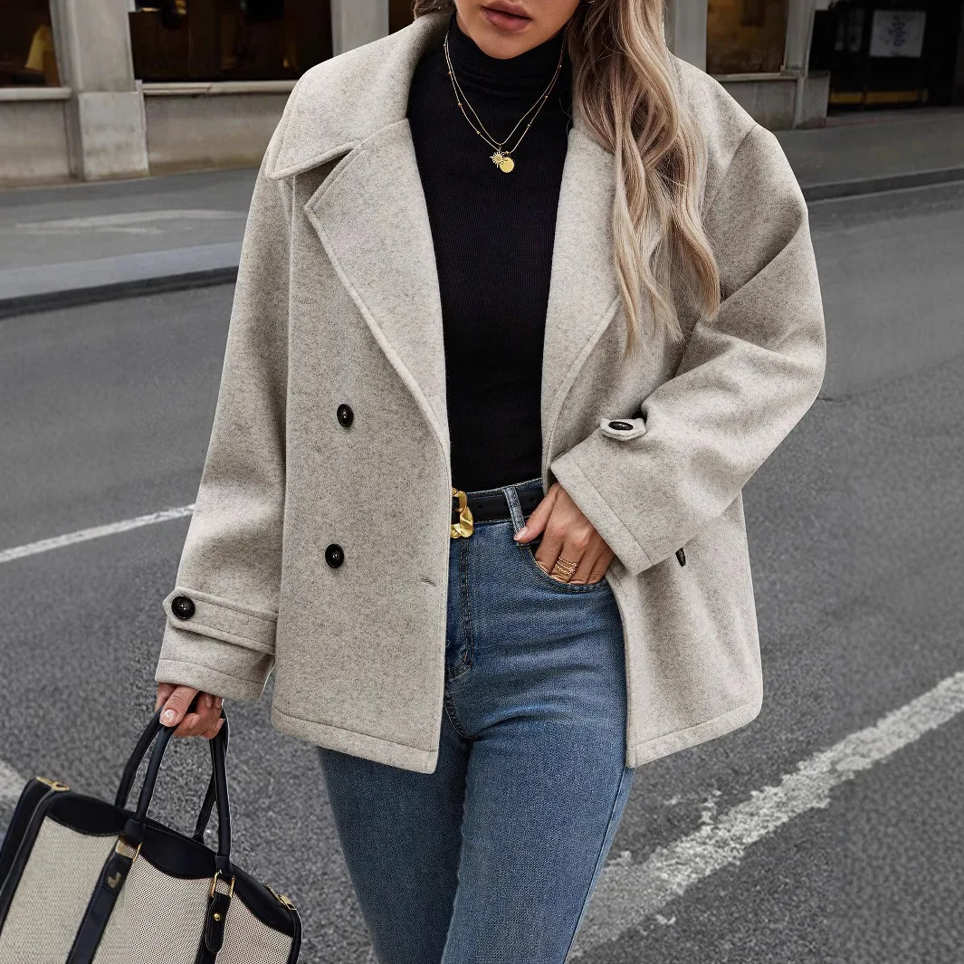 Korean Women Autumn Woolen Coats Short Jacket Casual Female Double Breasted Buttons Wool Coat Tops womens