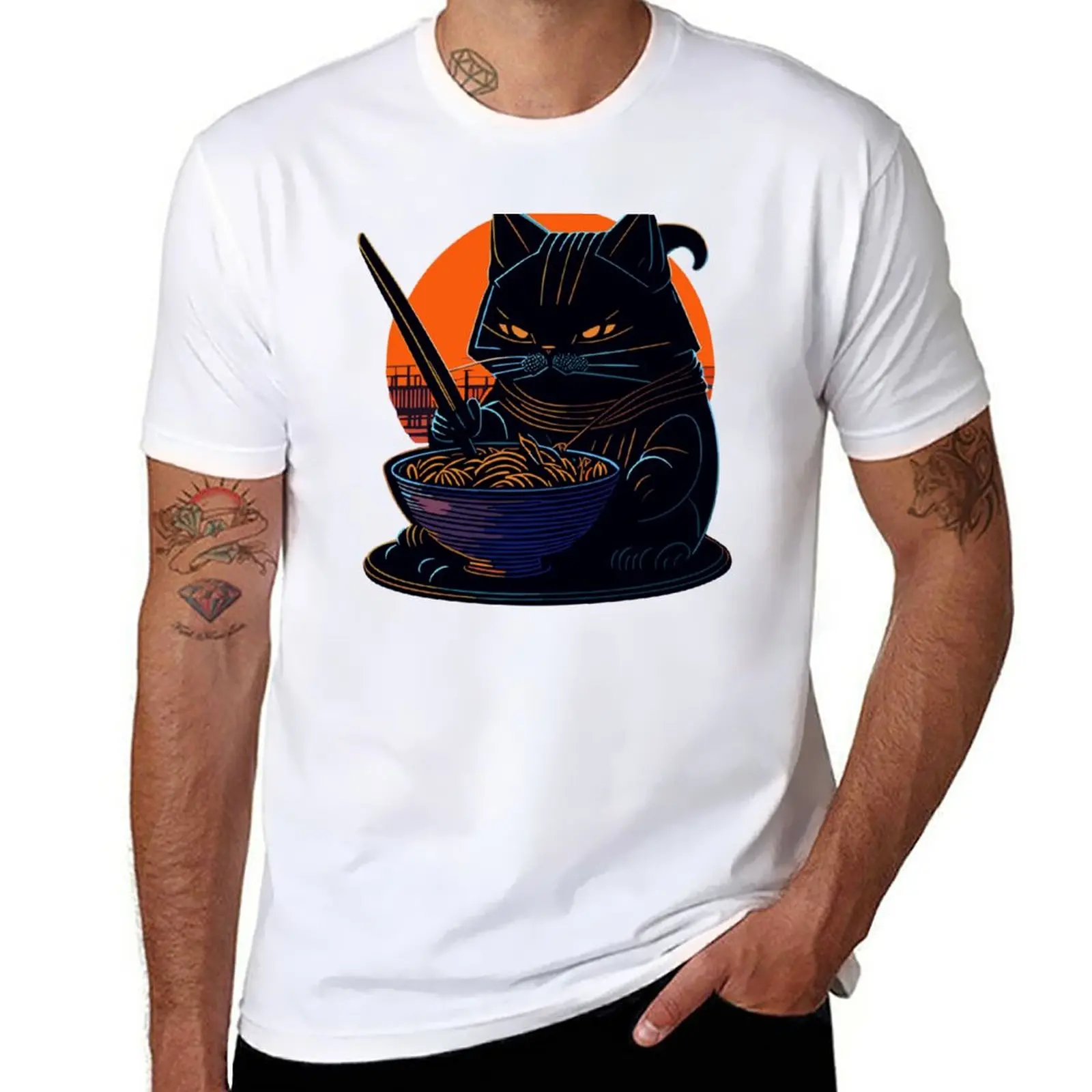 

New Cat eating Ramen T-Shirt aesthetic clothes T-shirt short anime korean fashion Men's t-shirts