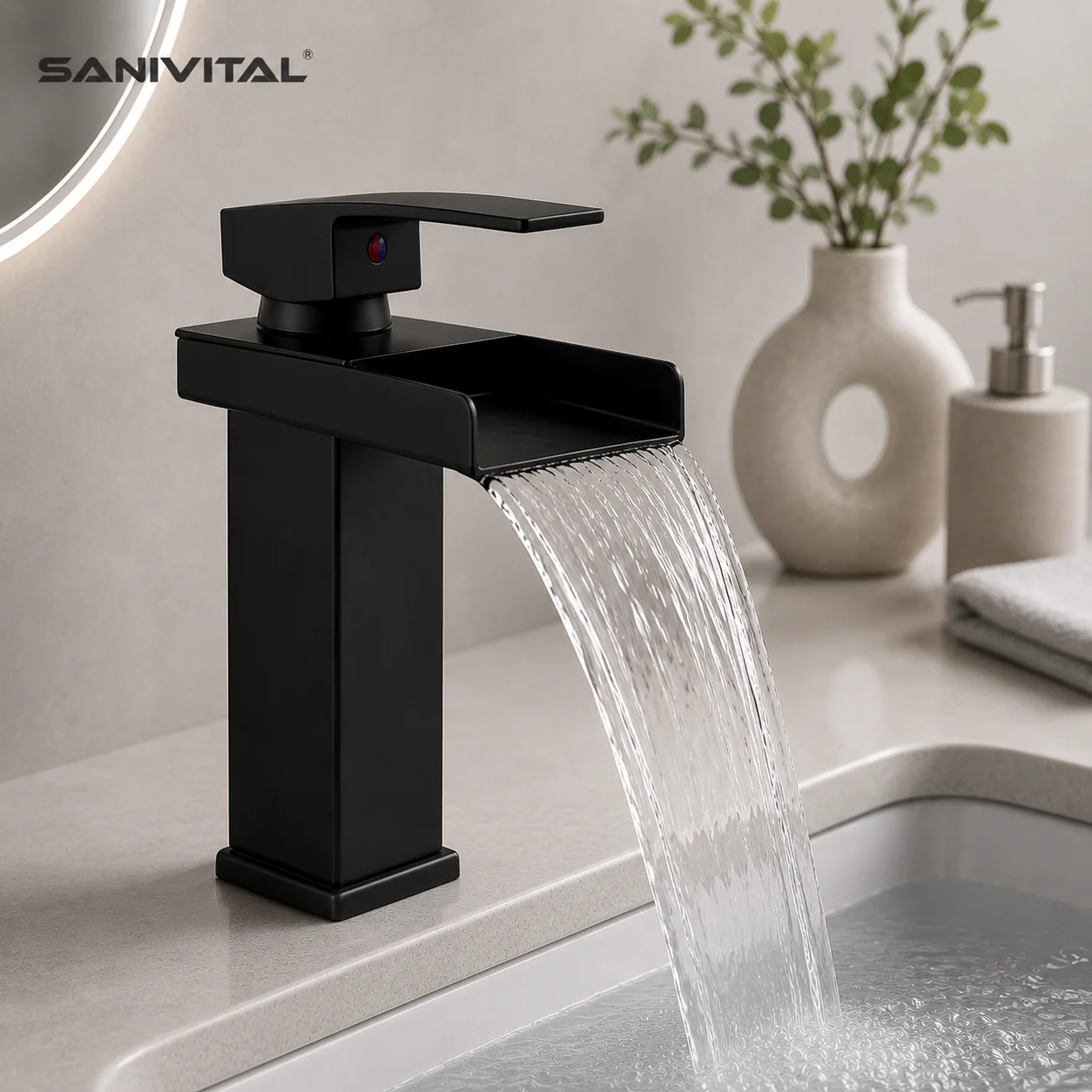 SANIVITAL Waterfall Bathroom Faucet Hot and Cold Mixer Tap Single Handle Basin Sink Faucet Deck Mounted Matte Black Vanity Fauce