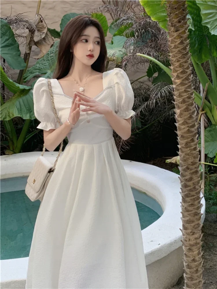 

Pop Short Sleeve Dress Women Buttons Elegant Temperament Spring Korean Style A-line Maxi Vestidos Female Solid Aesthetic Trendy
