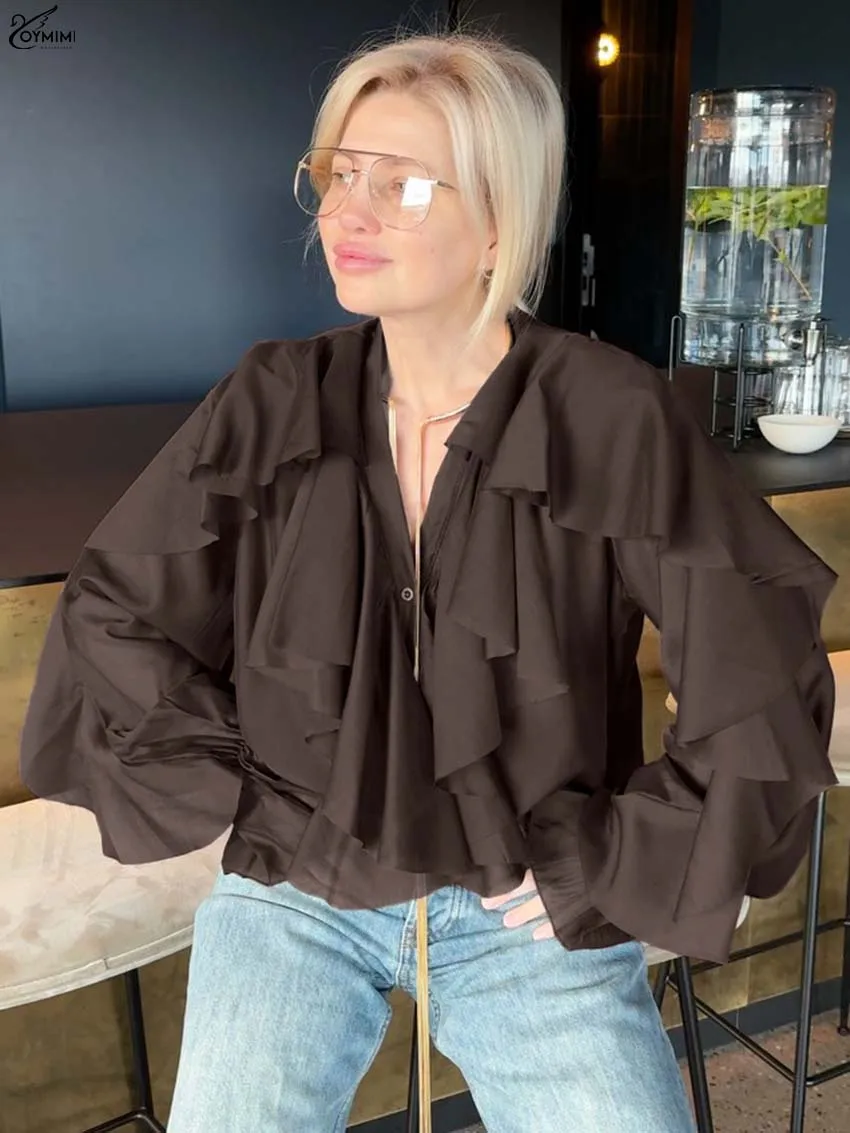 

Oymimi Fashion Brown V-Neck Women's Shirt Casual Long Sleeve Ruffled Blouses Elegant Single Breasted Loose Blouses Streetwear