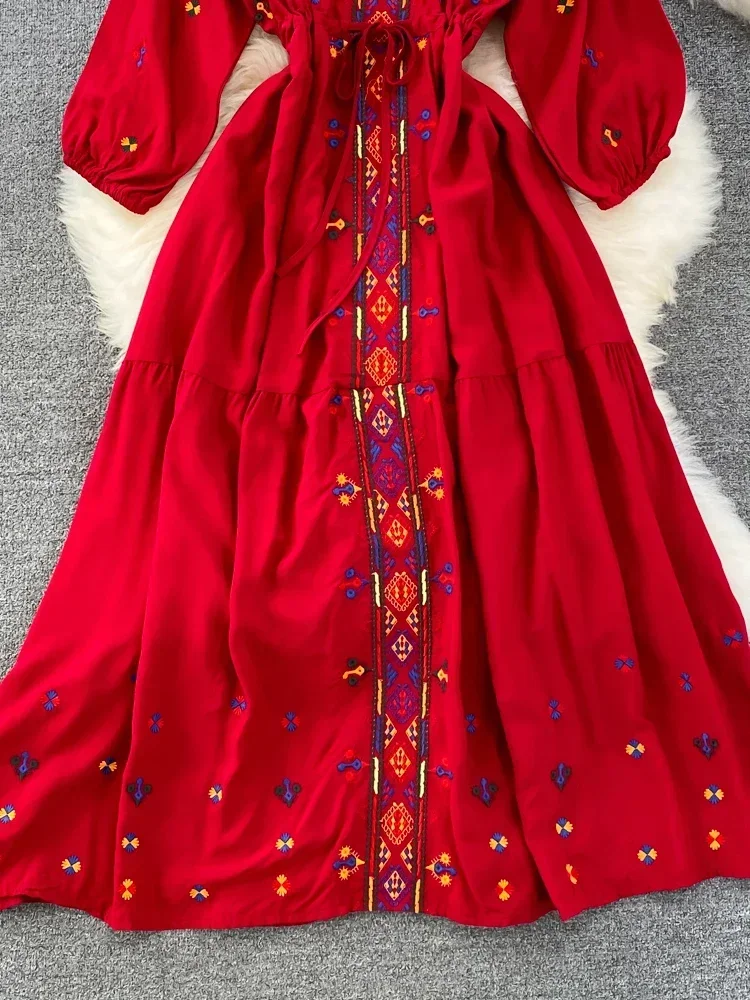 New Spring Summer Bohemian Retro Ethnic Style Embroidery V-neck Waist A-line Seaside Holiday Swing Long Vestidos Dress D1491