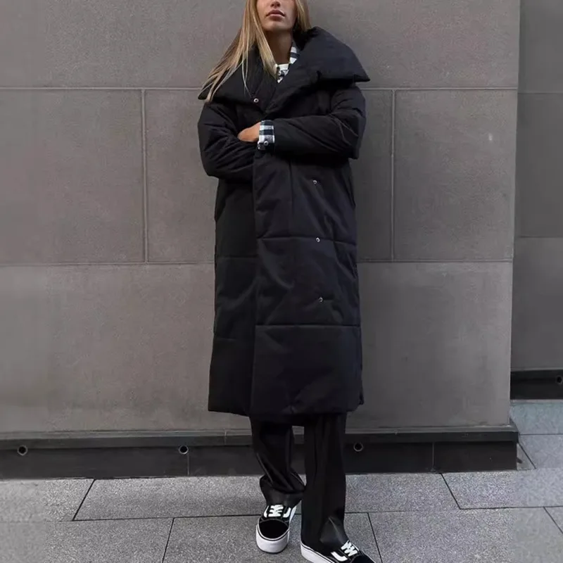 HKSH Winter New Women Long Padded Coat Stand Collar Single Breasted Sashes Solid Color Elegant Trendy Casual Warm Jacket HK11359