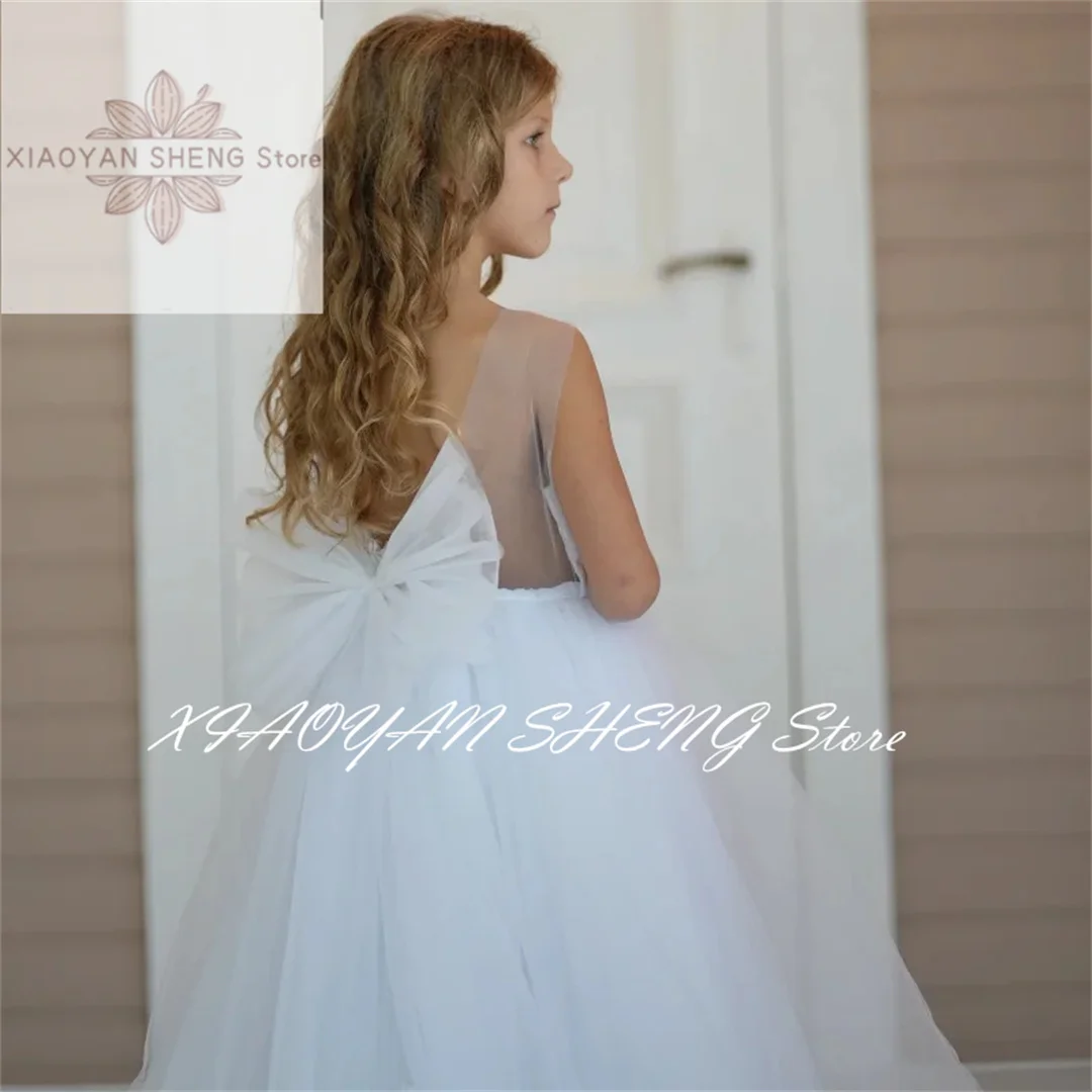 White Flower Girl Dresses Tulle Puffy Appliques With Bow Sleeveless For Wedding Birthday Party First Communion Gown