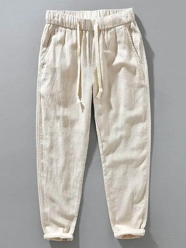 

Мужские прямые льняные повседневные брюки из дышащего хлопка и льна, однотонные, летние, новые, в японском ретро-стиле, укороченные (до щиколотки)