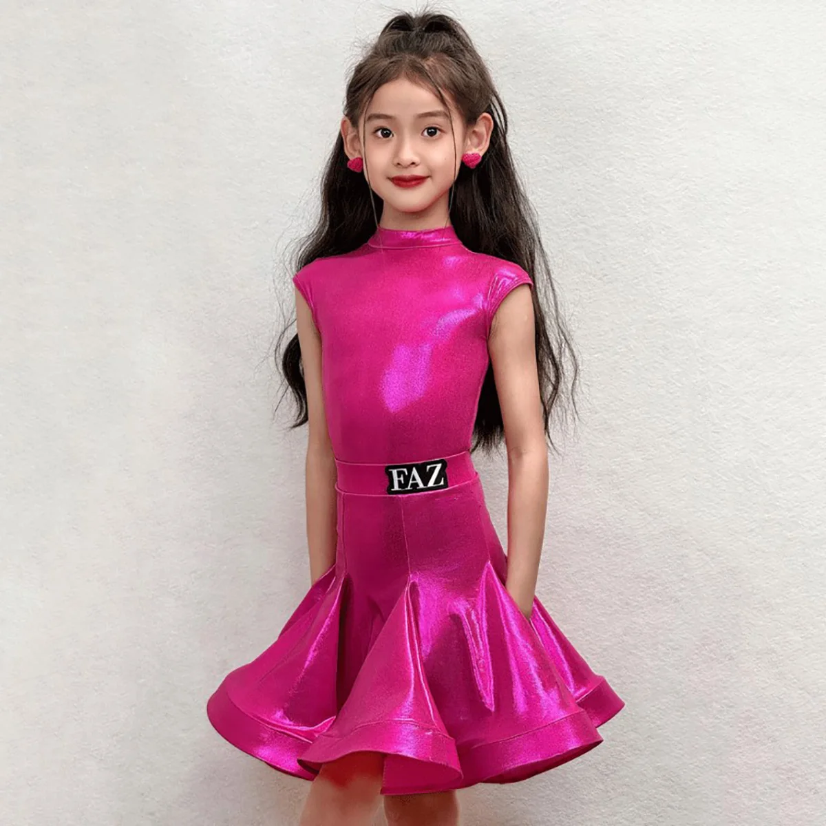 

Children Girls Latin Dancewear Practice Glossy Leather Long Sleeve Bodysuit and Large Skirt Rumba Dance Competition Costume