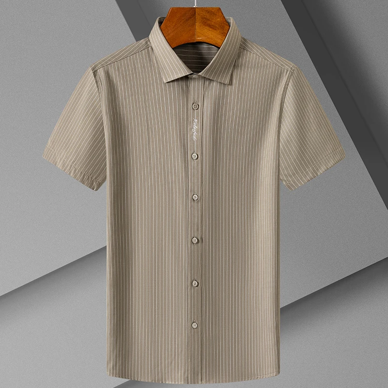 Fahion korean popular clothes summer striped short sleeve shirts for man slim fit casual shirt elastic easy-care designer shirt