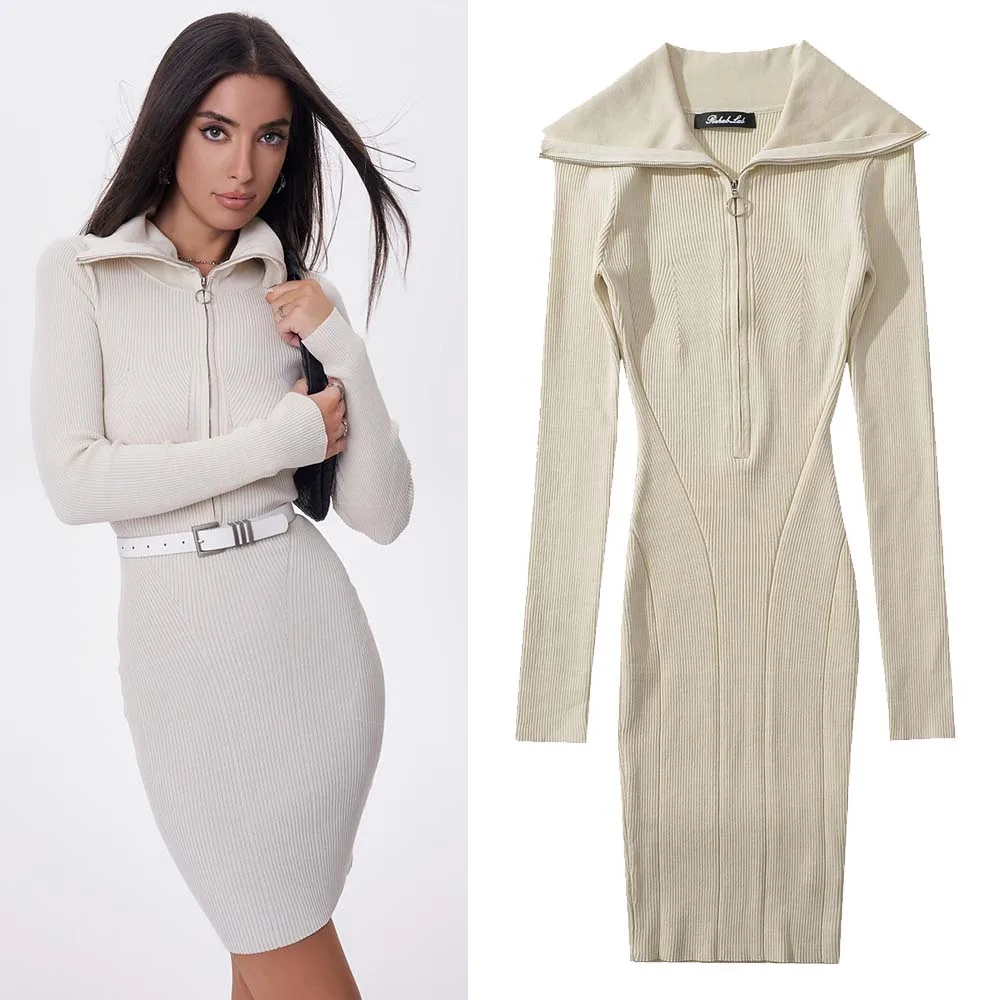 

Сексуальное модное женское платье с длинным рукавом WMDR H2666, универсальное, с отложным воротником, на молнии, эластичное, вязаное, повседневное, элегантное