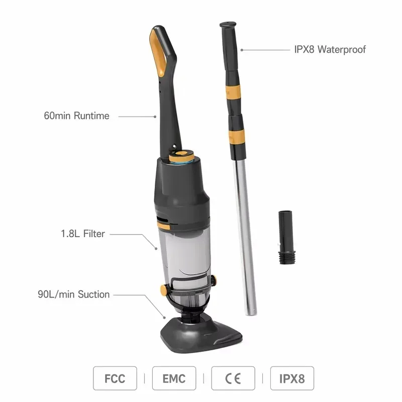 Deluxe Handheld Pool Cleaner with 3 Section of Aluminum Poles Running Time:60mins Charging Time:2hours Suction Power