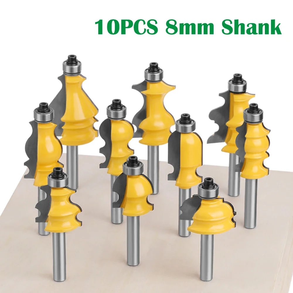 10PCS 8MM Shank Milling Cutter Wood Carving Architectural Molding Handrail Router Bits Set Casing Base CNC Line Cutter Face Mill