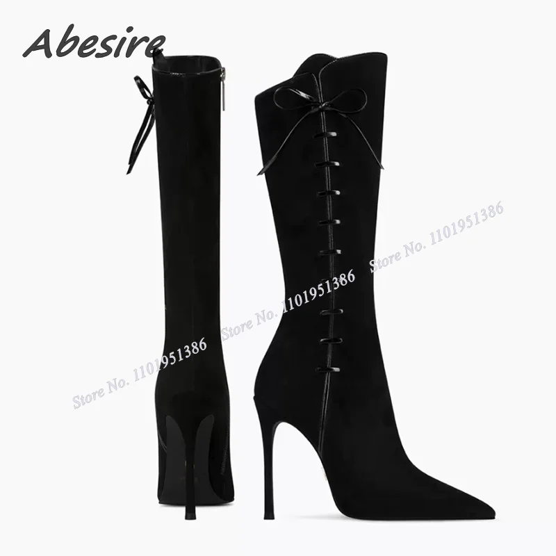 

Abesire Black Side Lace up Boots Bow Knot Cross Tied Knee High Pointed Toe Stiletto Shoes for Women High Heel Zapatillas Mujer