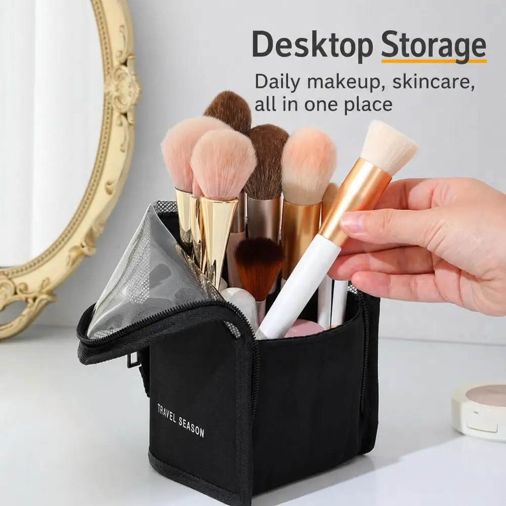 2 in 1 Portable Standing Makeup Brush Pouch Mesh Travel Cosmetic Storage Bag Smooth Metal Zipper Beauty Organizer For Women