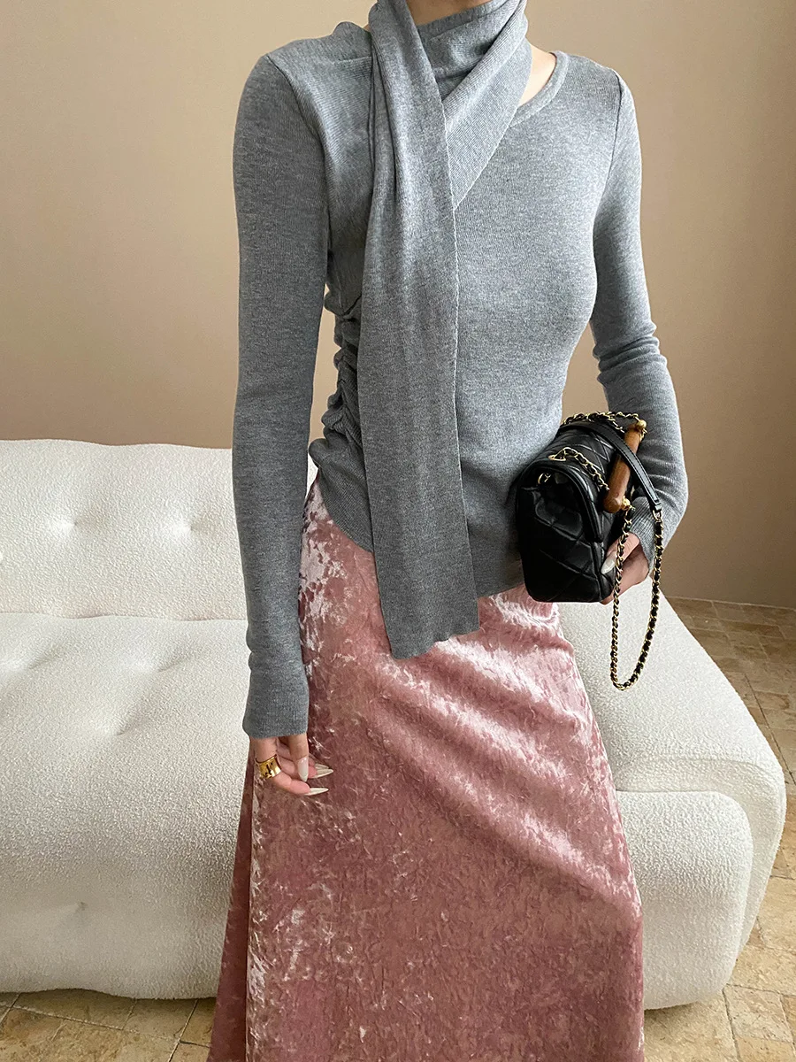 Women's casual solid color scarf, ribbon, slim fit and slimming base knit sweater