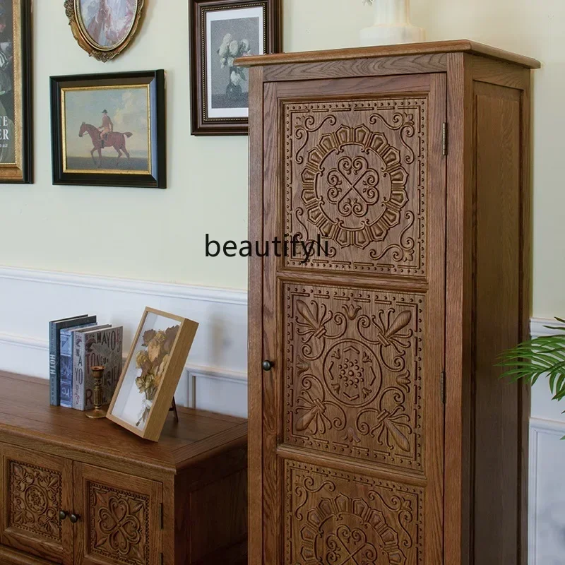 lbAmerican country solid wood carving flower TV side cabinet pastoral retro oak, versatile locker