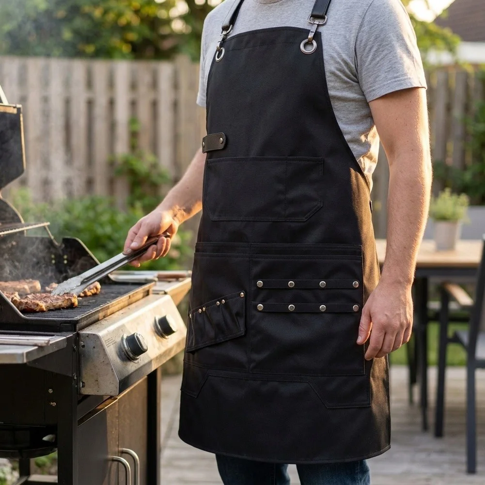 Oil-resistant and waterproof BBQ apron made from toughened polyester for grilling cooking and baking in active environments