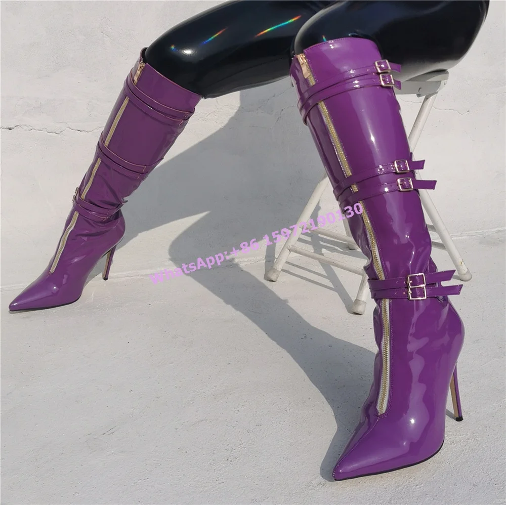 

Multi Buckle Purple Knee High Boots Zipper Pointy Toe Thin Heels Patent Leather Shoes Women's Winter Fashion Sexy Elegant Boots