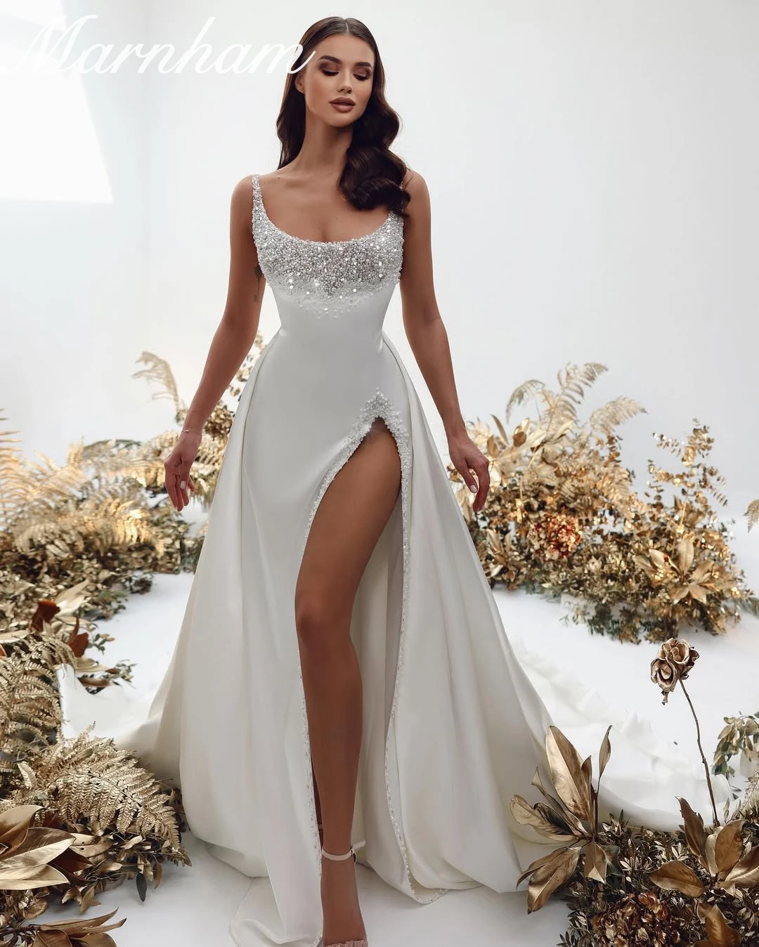 

Marnham V Neck Pleat Bride Robe Illusion Mermaid Bridal Dress Sexy Pearls Wedding Gown Customized Vestido De Novia Court Train