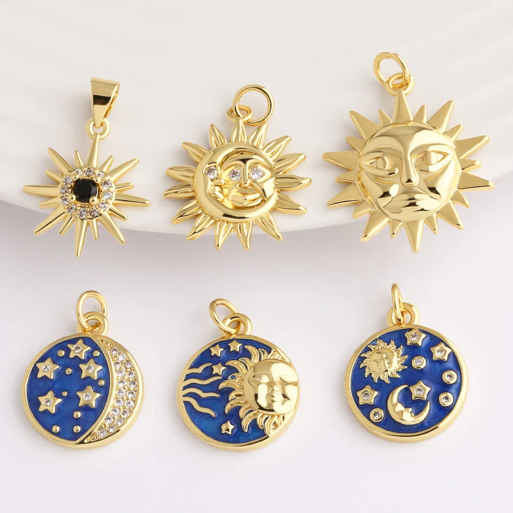 OCESRIO Blue Enamel Starry Sky Pendant for Necklace Copper Gold Plated Crystal Sun Moon Handmade Jewelry Making Supplies pdta222