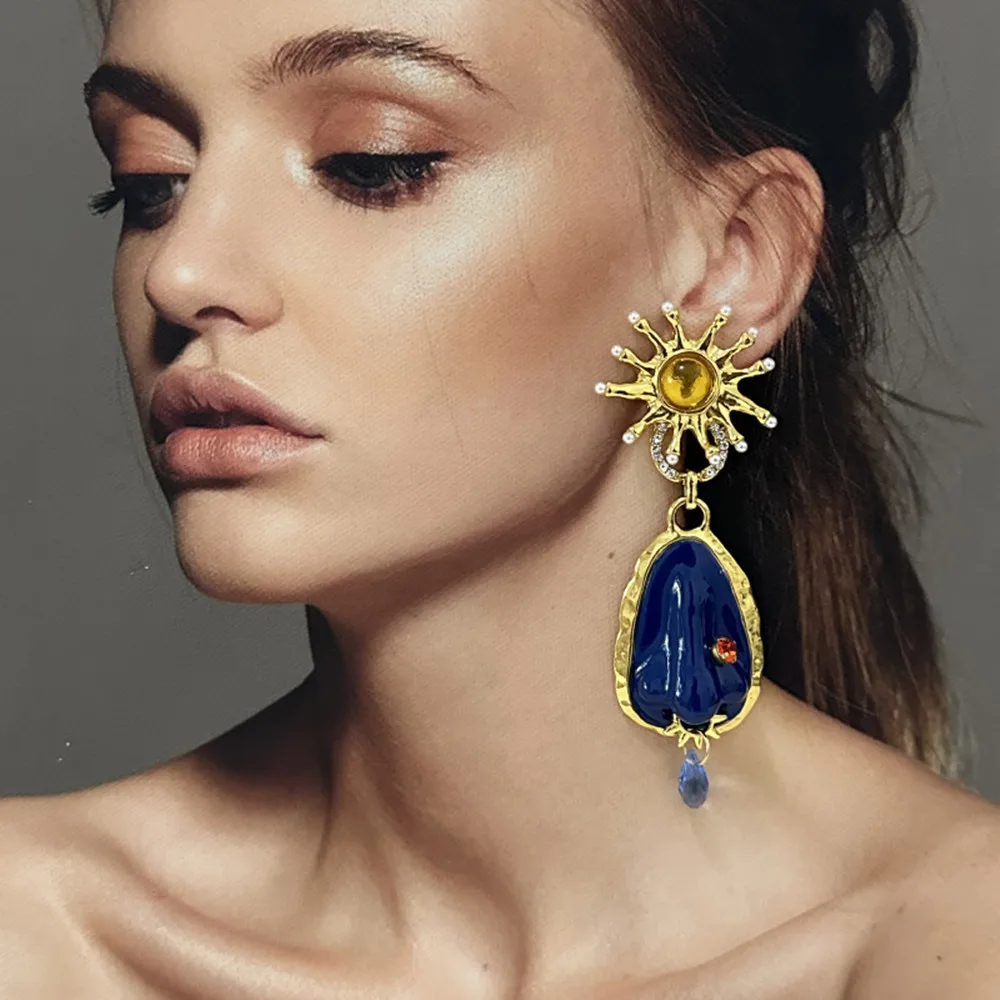 Übertriebene blaue Rosenförmige Tropfen-Ohrringe für Damen, Schmuck, Barock-Stil, Party-Show, Statement-Ohrringe, Zubehör