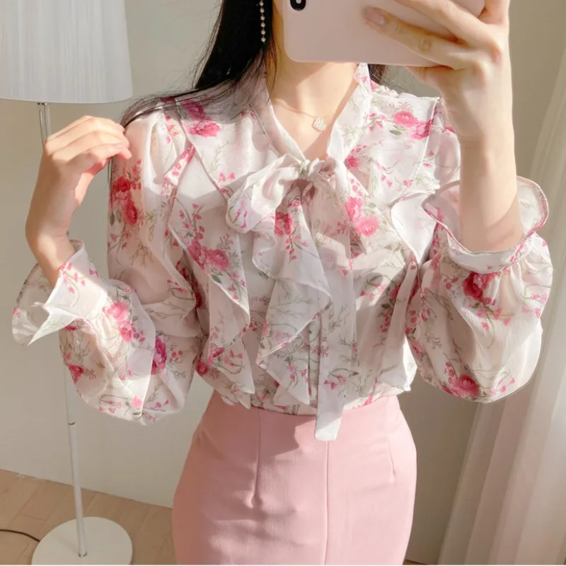 

Повседневные женские блузки с принтом, винтажные топы, модные тонкие весенне-осенние корейские рубашки, шифоновые женские рубашки с длинными рукавами и рюшами