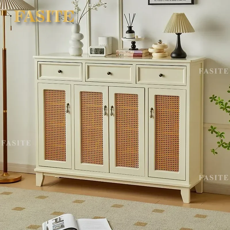 For American Solid Wood Rattan Shoe Cabinet Small Apartment Home Storage Rack Door Living Room Against Wall Space Saving