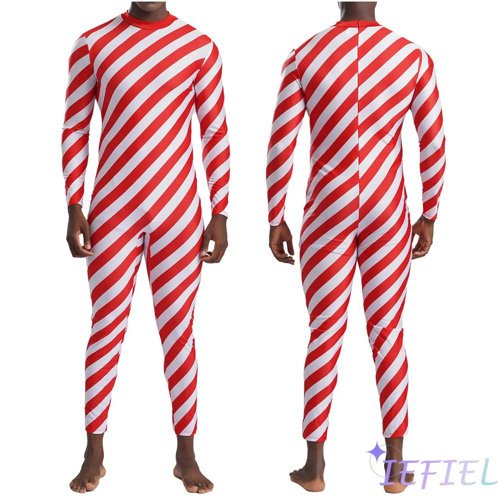 

Men Women Christmas Holiday New Year Santa Claus Red White Stripe Catsuit Bodysuit Full Long Jumpsuit Xmas Cosplay Party Costume