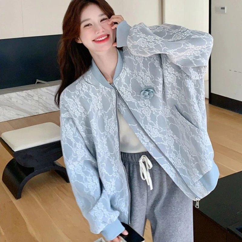 

Осень 2200, женская кружевная бейсбольная куртка, свободная посадка, верхняя одежда для похудения, повседневное пальто в уличном стиле