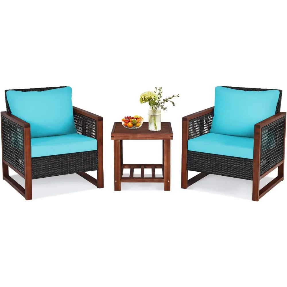 

3-piece outdoor terrace furniture with coffee table and wicker chairs, balcony porch furniture with acacia tree