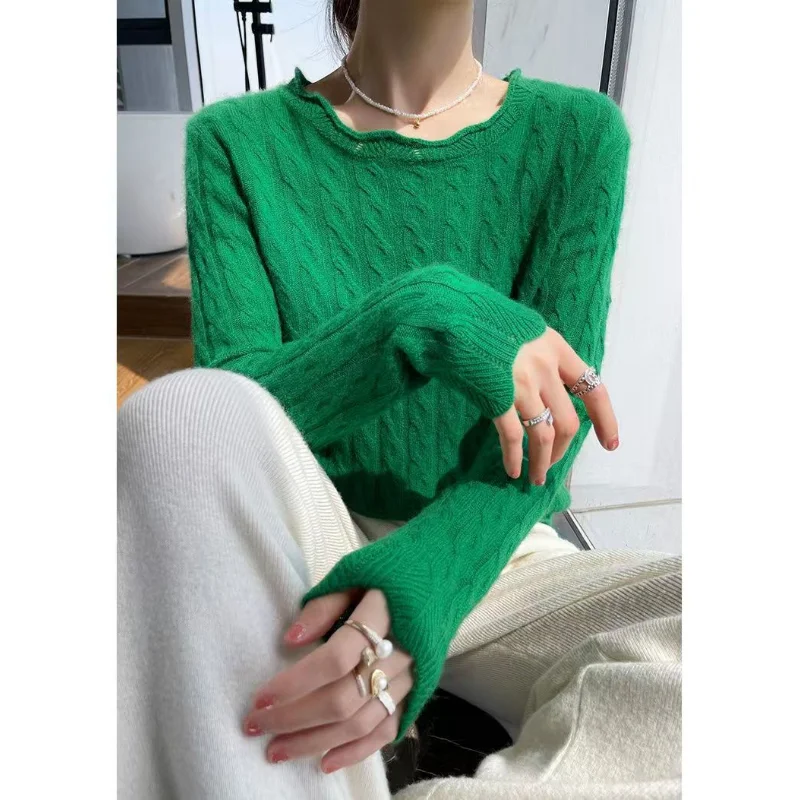 Jersey de cuello redondo, suéter de manga larga tejido para otoño e invierno, ropa de mujer, Tops de oficina con hilo de tornillo de Color sólido