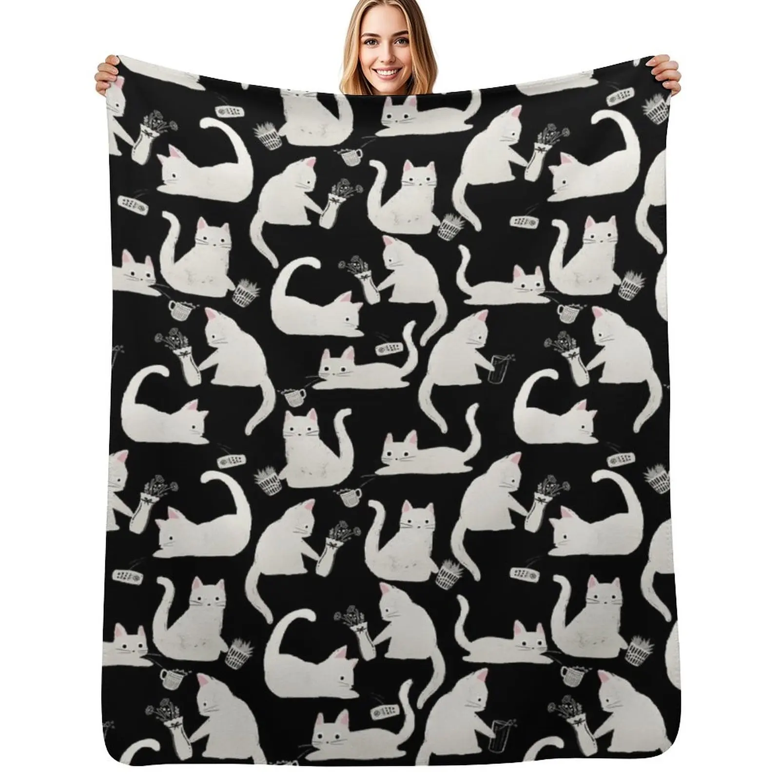 Bad Cats Knocking Stuff Over, White Cats on Black Throw Blanket Machine Washable Soft Warm Blanket