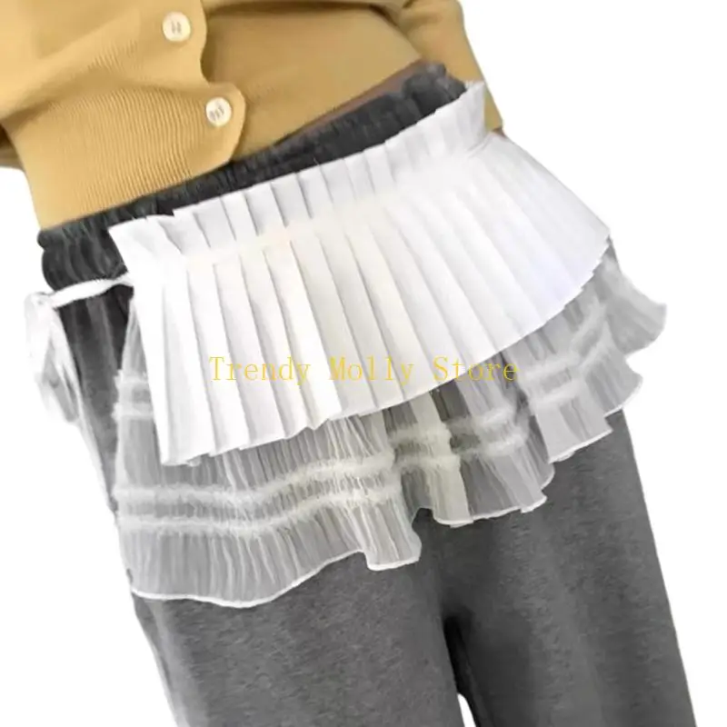 

N5KB Trendy Double Layered Lace Pleated Slip Skirt Waist Wrap Fashion Accessories For Women Daily Wear And Special Occasion