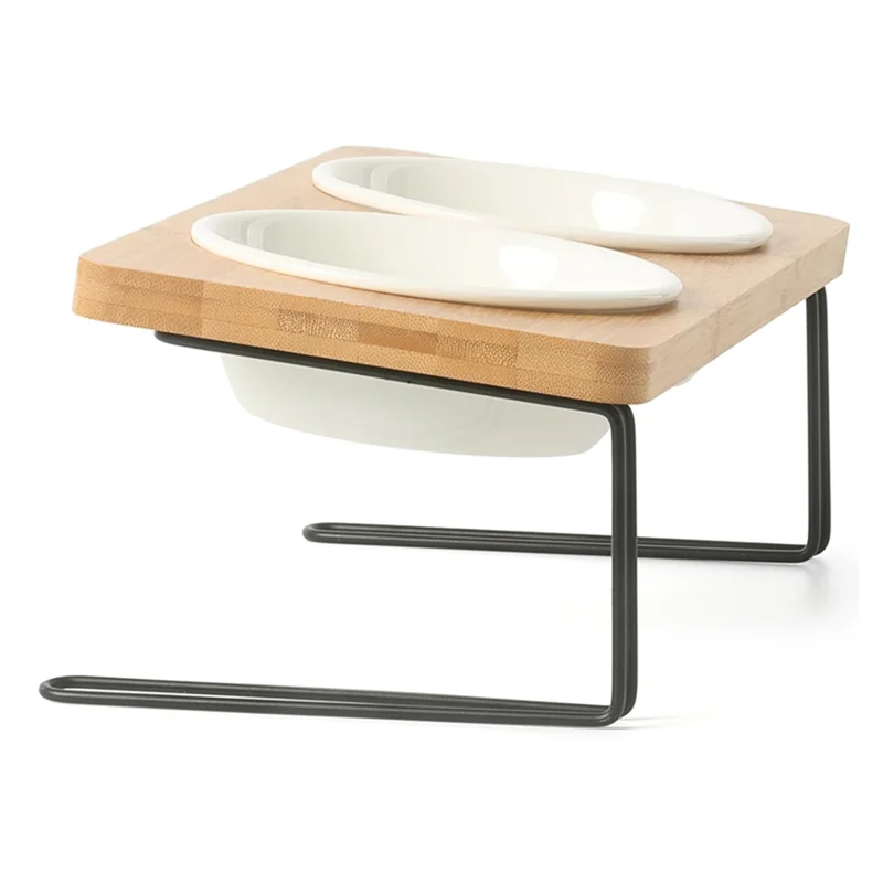 

HRBAJ-Evated Cats Bowlls, посуда для кормления маленьких собак, набор кормушек из твердой бамбуковой подставки для воды для кошек и щенков, прочный