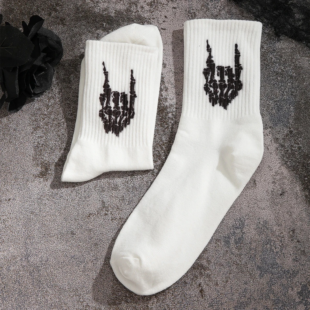 5 Pairs of Skeleton Hand Print White Crew Socks Halloween Day