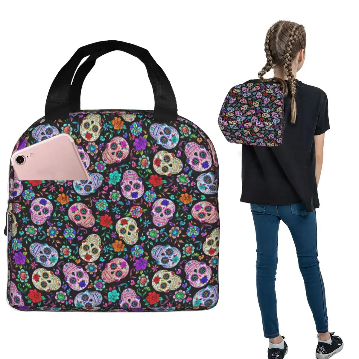 Sugar Skull Mexican Flower Halloween Day Of The Dead Insulated Lunch Bag for Women Kids Food Boxes Thermal Lunch Box Tote