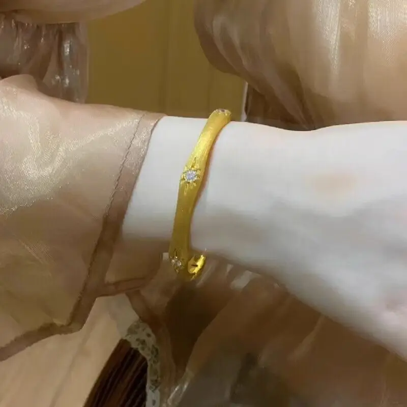 24K real gold French light luxury octet star silk loop au9999 bracelet set with diamond court style in the middle exquisite gent