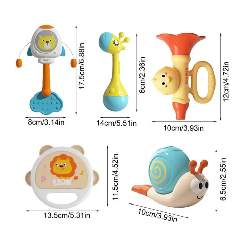 Mainan alat musik anak, instrumen anak goyang, Teether sensor 5 buah, instrumen musik, Set mainan Belajar Dini