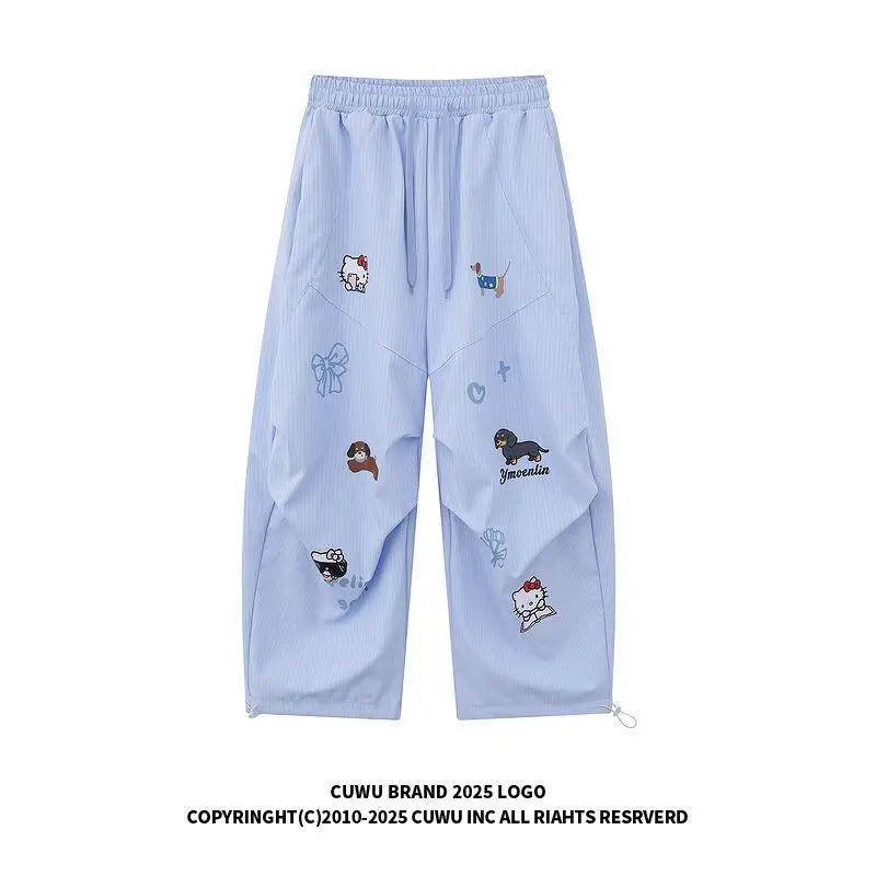 

Sanrio Hello Kitty women's Casual Pants Cotton For And Men Autumn American Retro Striped Loose Pleated Wide Leg Scimitar Long