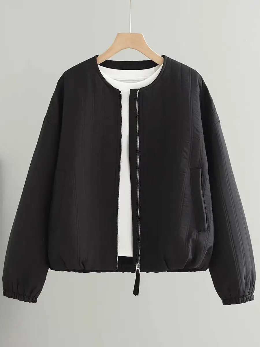 

Women's ort round Ne Zipper Cotton Jaet Loose Fit Korean Sle Spring New Vertical Stripes Cotton Coat Versatile Outerwear