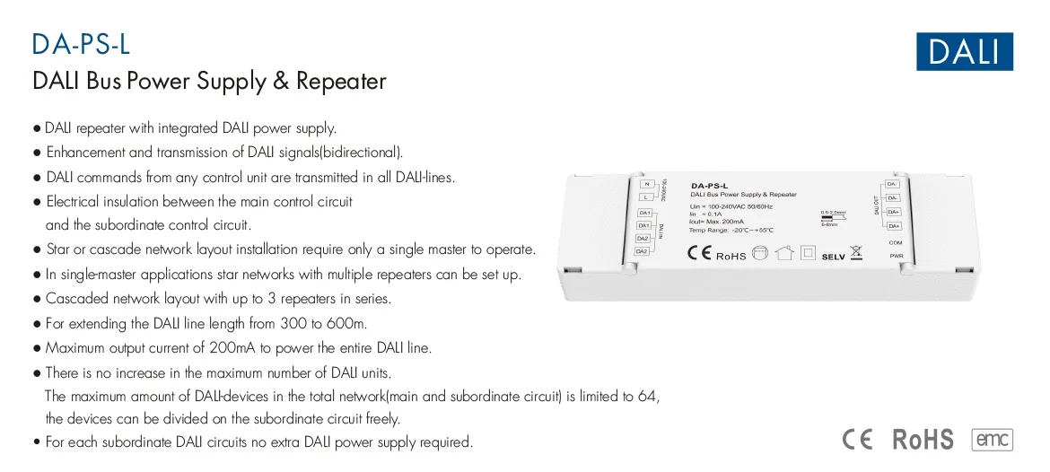 DA-PS-L DALI Bus Power Supply&Repeater AC100-240V Two Groups of DALI Signal Input&Output No Extra DALI Power Supply Ruquired