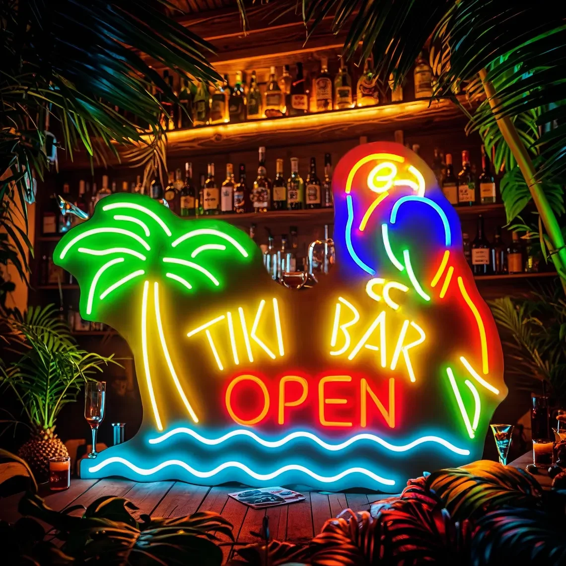 

Tiki Bar Open with Parrot and Palm Tree Neon Sign Home Bar Sign Multicolor Beer Bar Neon Cocktail Bar Beach Sign
