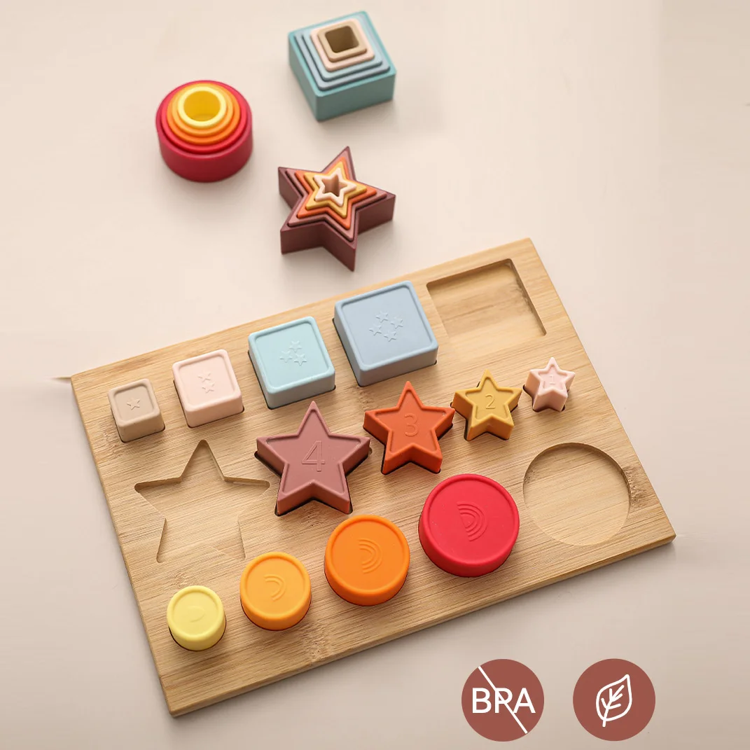 

Набор игрушек для сортировки форм Монтессори для малышей, деревянные и силиконовые штабелируемые блоки с геометрическими фигурами-развивающие обучающие игрушки