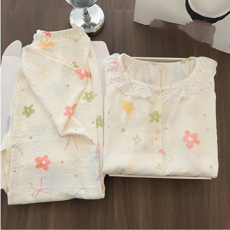 Women's new lace long sleeved long pants home suit set women's spring and autumn pajamas student sweet princess two-piece set