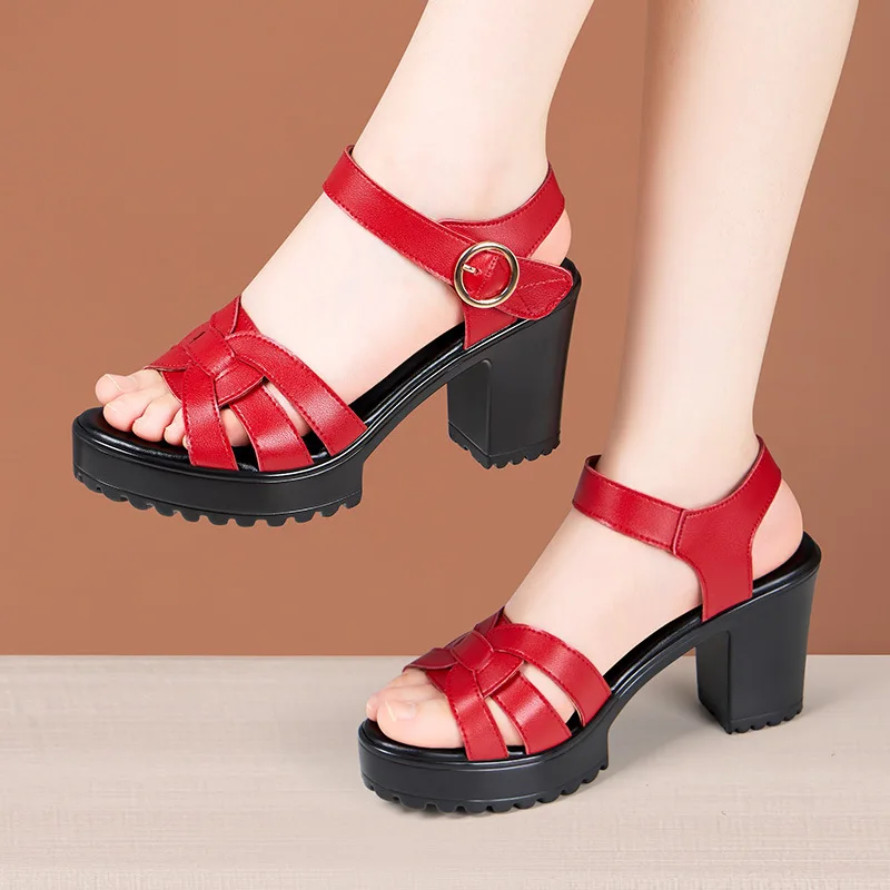 High quality summer leather sandals for women 8cm high heel 2024 size 34 35 43 platform open toe elegant shoe black white red