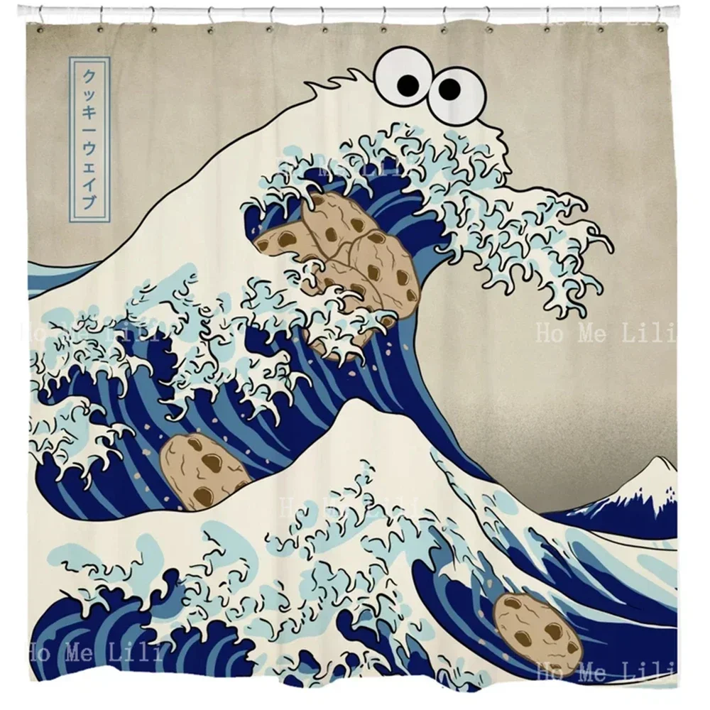 

Cookie Monster Japanese Ocean Sea Wave Funny Shower Curtain Home Decor