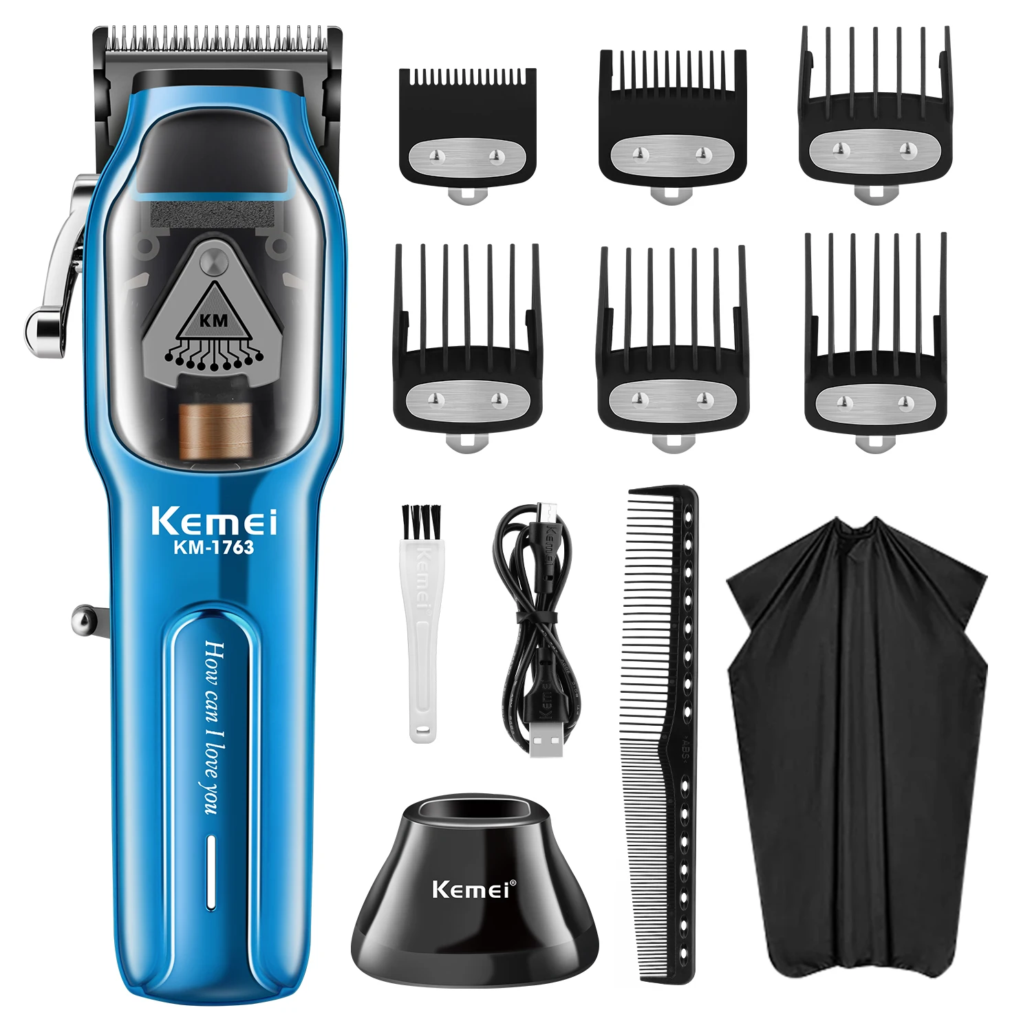 

Kemei Barber Высокоскоростной двигатель 9000 об/мин Электрическая машинка для стрижки волос Перезаряжаемый профессиональный триммер для волос с зарядной базойKM-1763