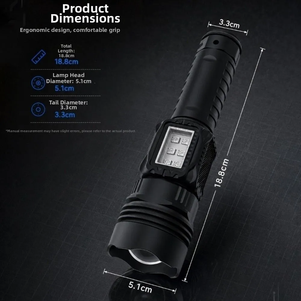Adjustable Focus White Laser Flashlight Multicolor Side Light Digital Battery Display Rechargeable Flashlight Strong Beam