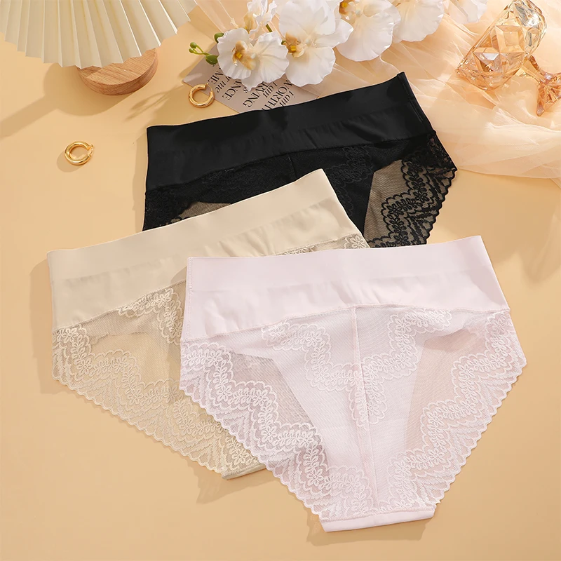 FINETOO Ice Silk Underwear Transparent Panty Mid Waist Lace Panties Sexy Knicker Breathable Briefs Plus Size Girl Triangle Pants