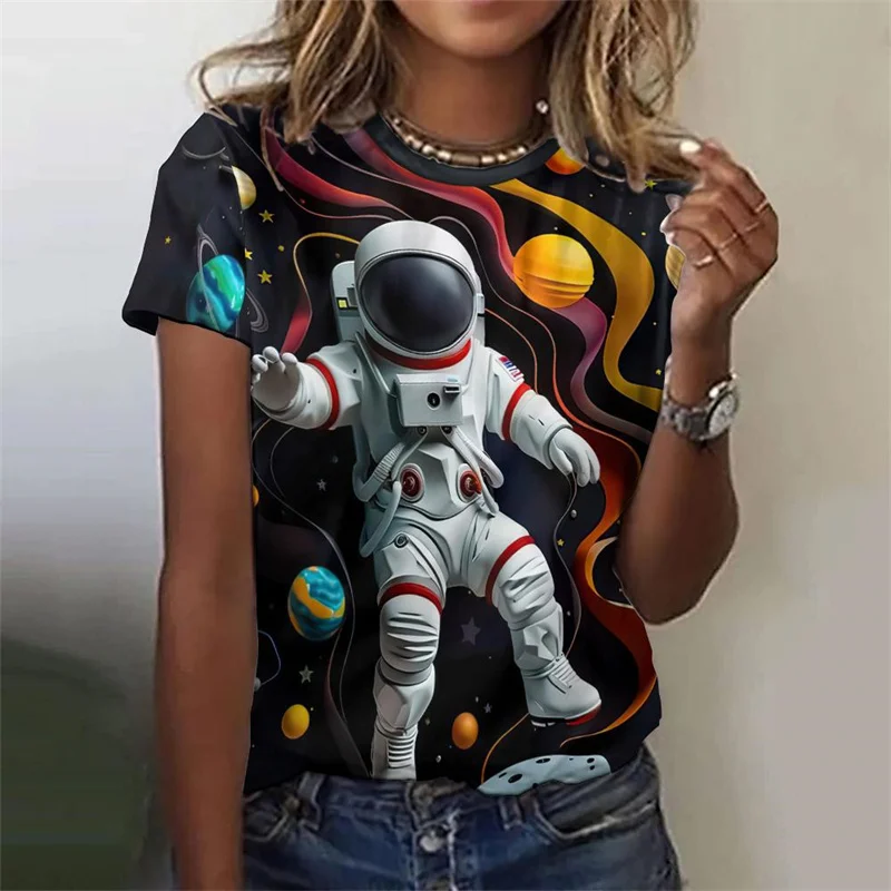 T-shirt colorata con motivo pianeta per donna Astronauta Razzo Stampa 3D T-shirt Moda estiva Street Tees Maniche corte O-Collo Top